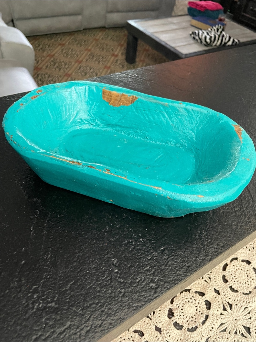 Handcrafted Teal Decorative Wood Dough Bowl. 10 x 6